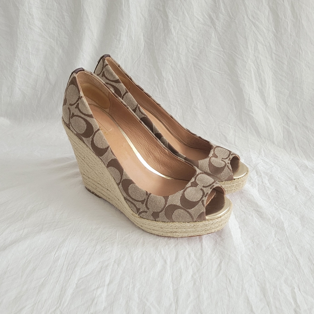 Coach Beige Signature Peep Toe Wedge Shoes